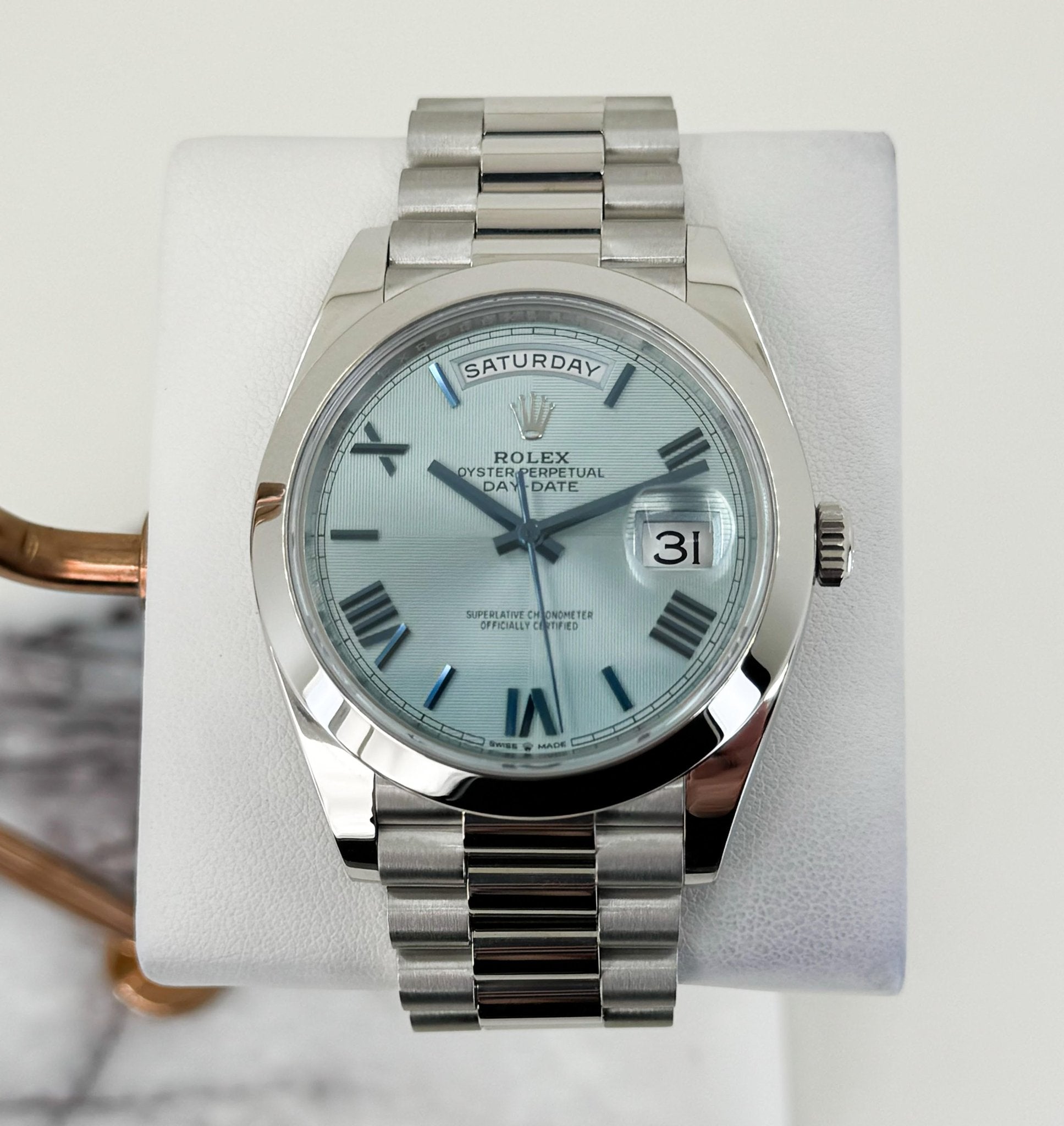 Rolex Day-Date 40 Platinum Ice Blue Quadrant Roman Dial Roman Dial & Smooth Bezel President Bracelet 228206 - Luxury Time NYC